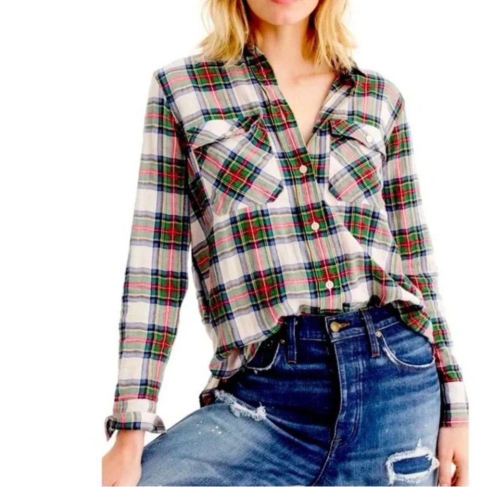 J. Crew H2304 Tartan Plaid Oversized  Long Sleeve Button Down Twill Shirt 6